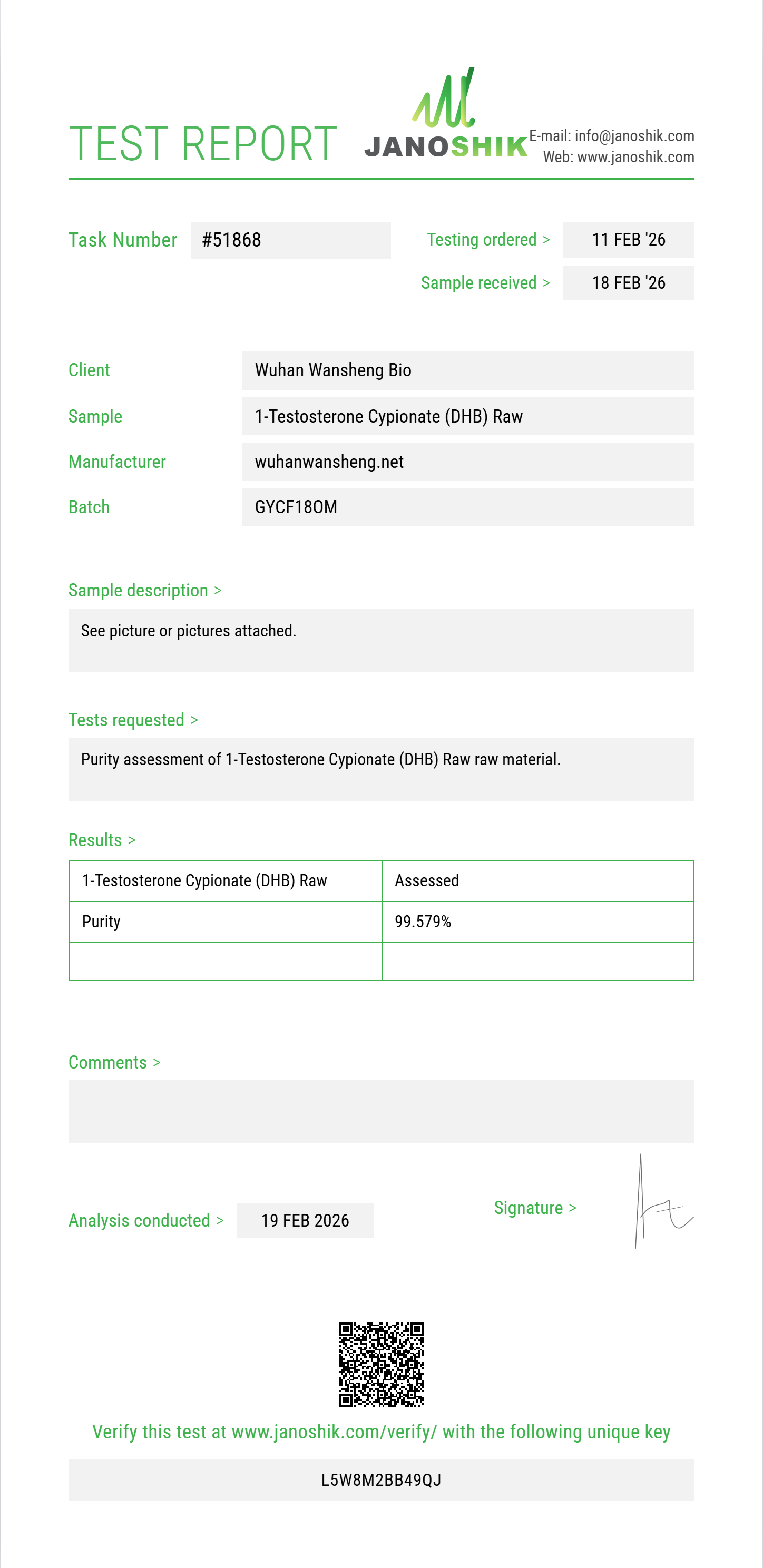 1-Testosterone Cypionate (DHB) Raw Purity (HPLC) report by Janoshik Analytical