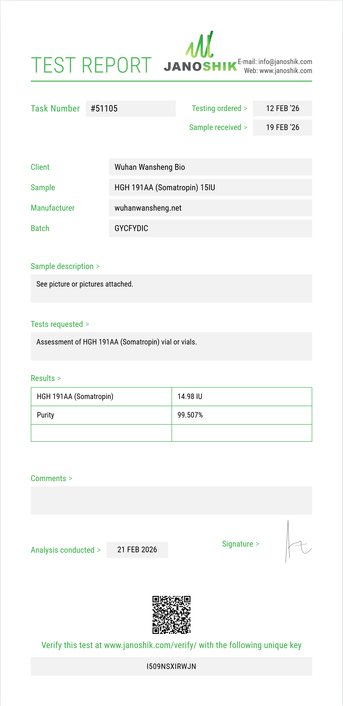 HGH 191AA (Somatropin) Purity (HPLC) report by Janoshik Analytical