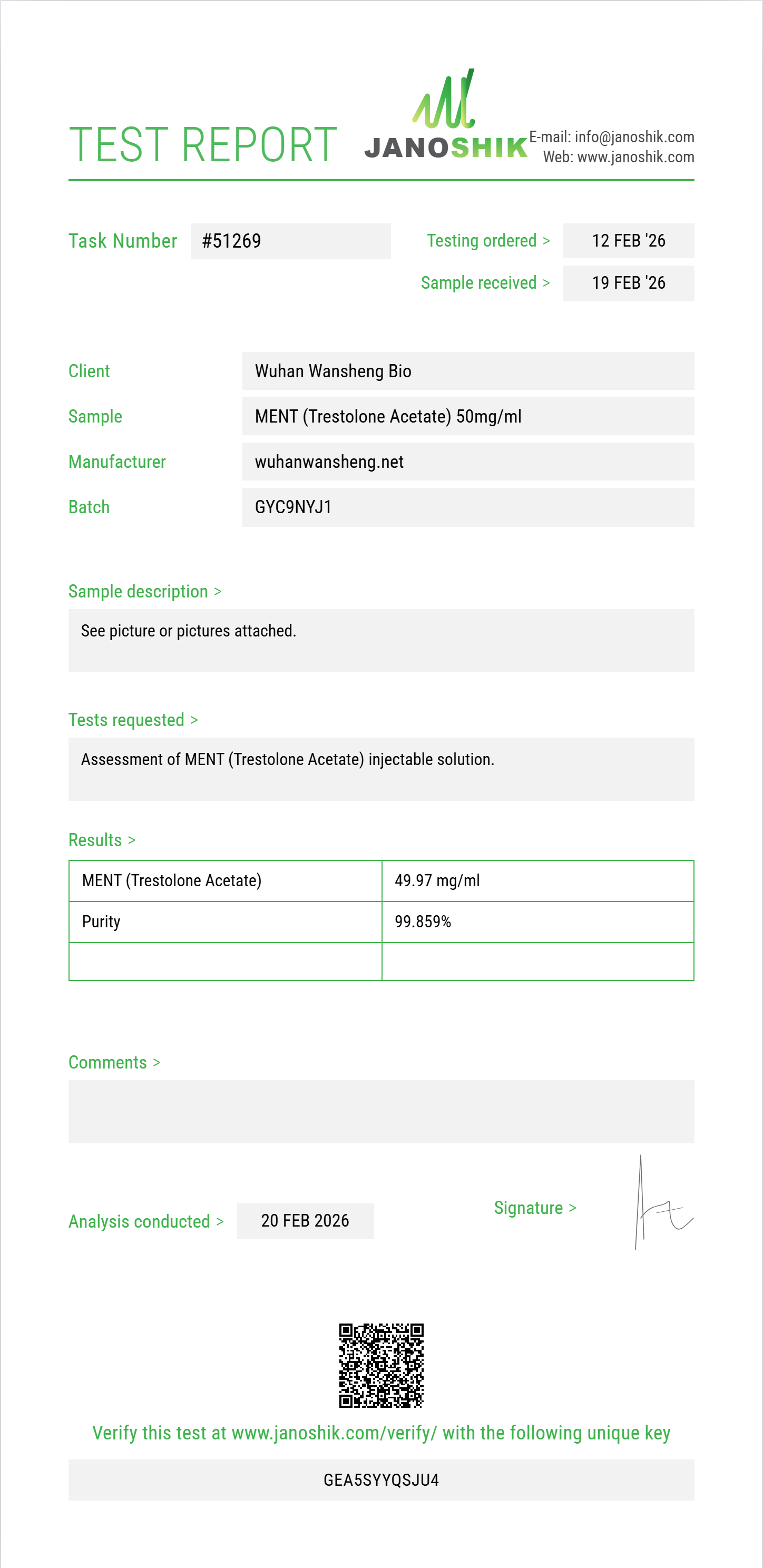 MENT (Trestolone Acetate) Purity (HPLC) report by Janoshik Analytical