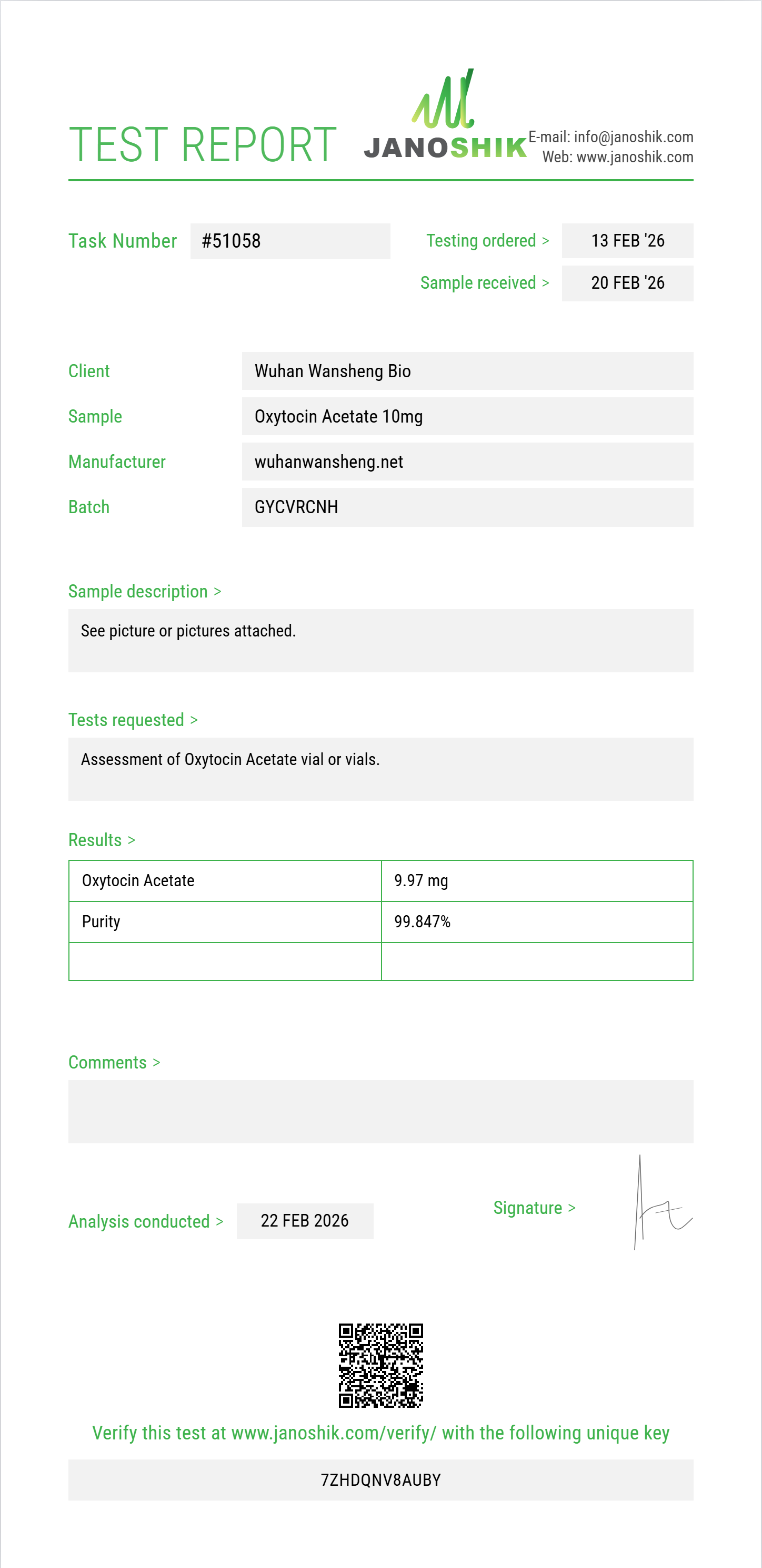 Oxytocin Acetate Purity (HPLC) report by Janoshik Analytical