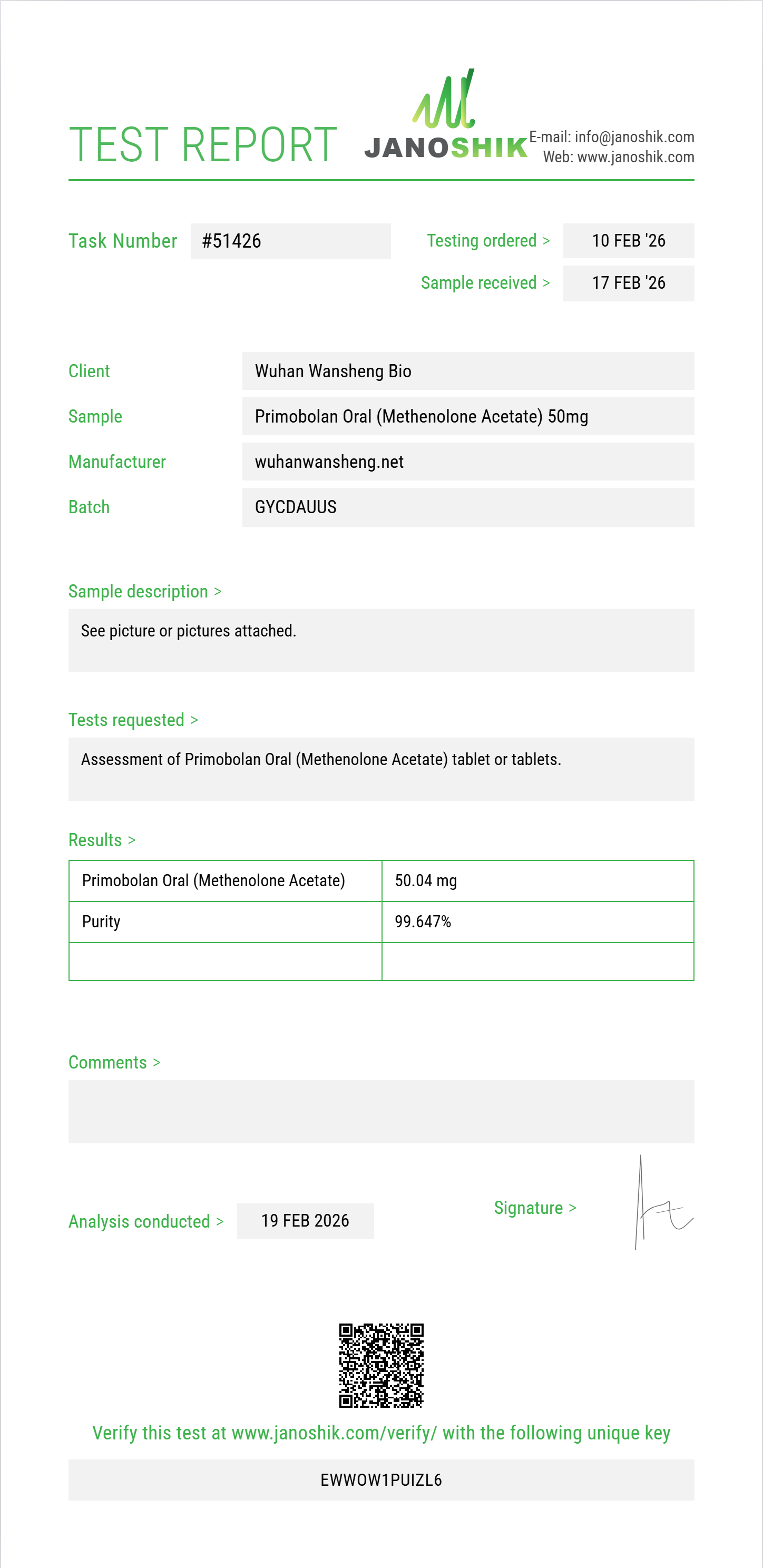Primobolan Oral (Methenolone Acetate) Purity (HPLC) report by Janoshik Analytical