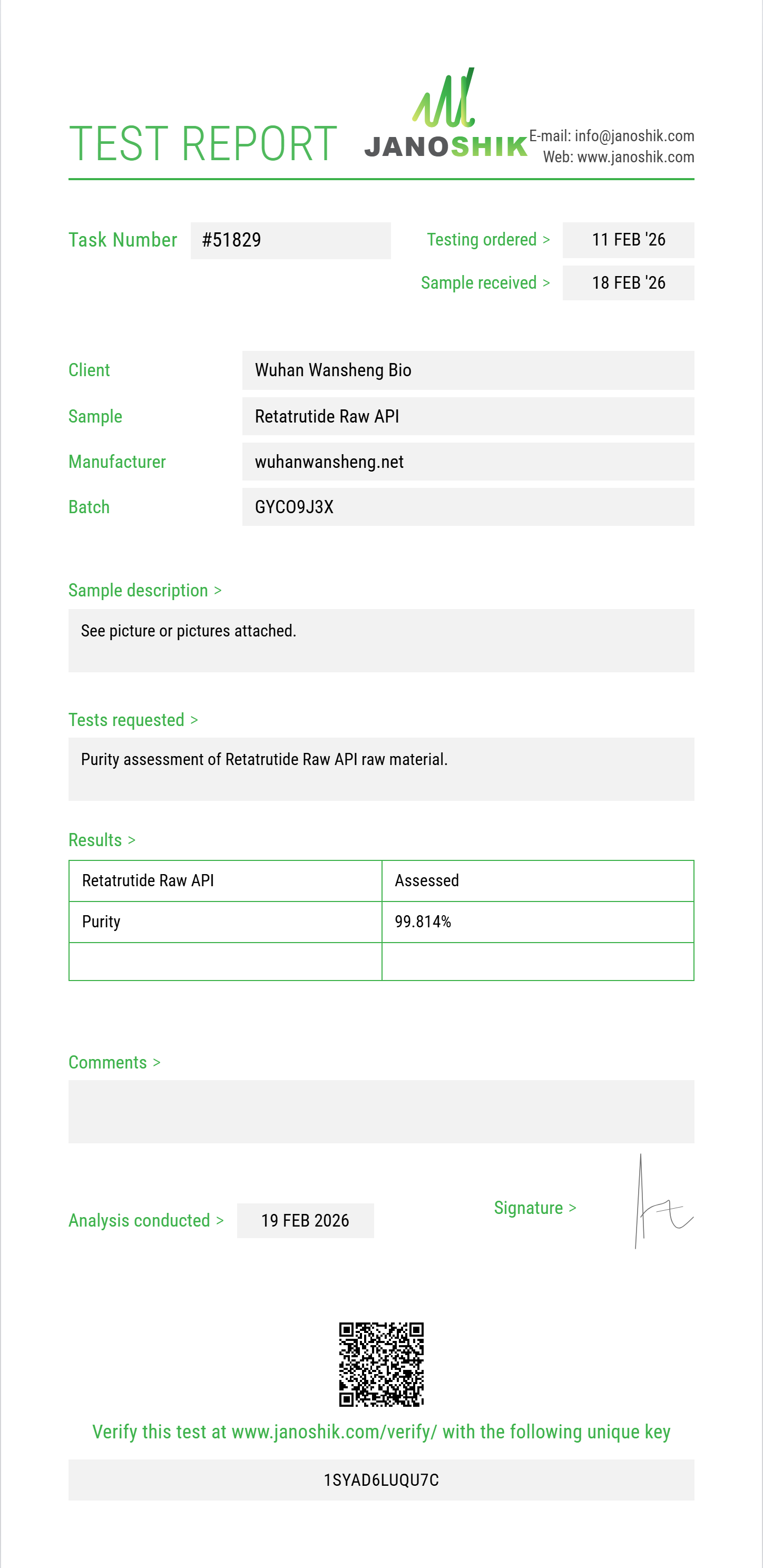 Retatrutide Raw API Purity (HPLC) report by Janoshik Analytical