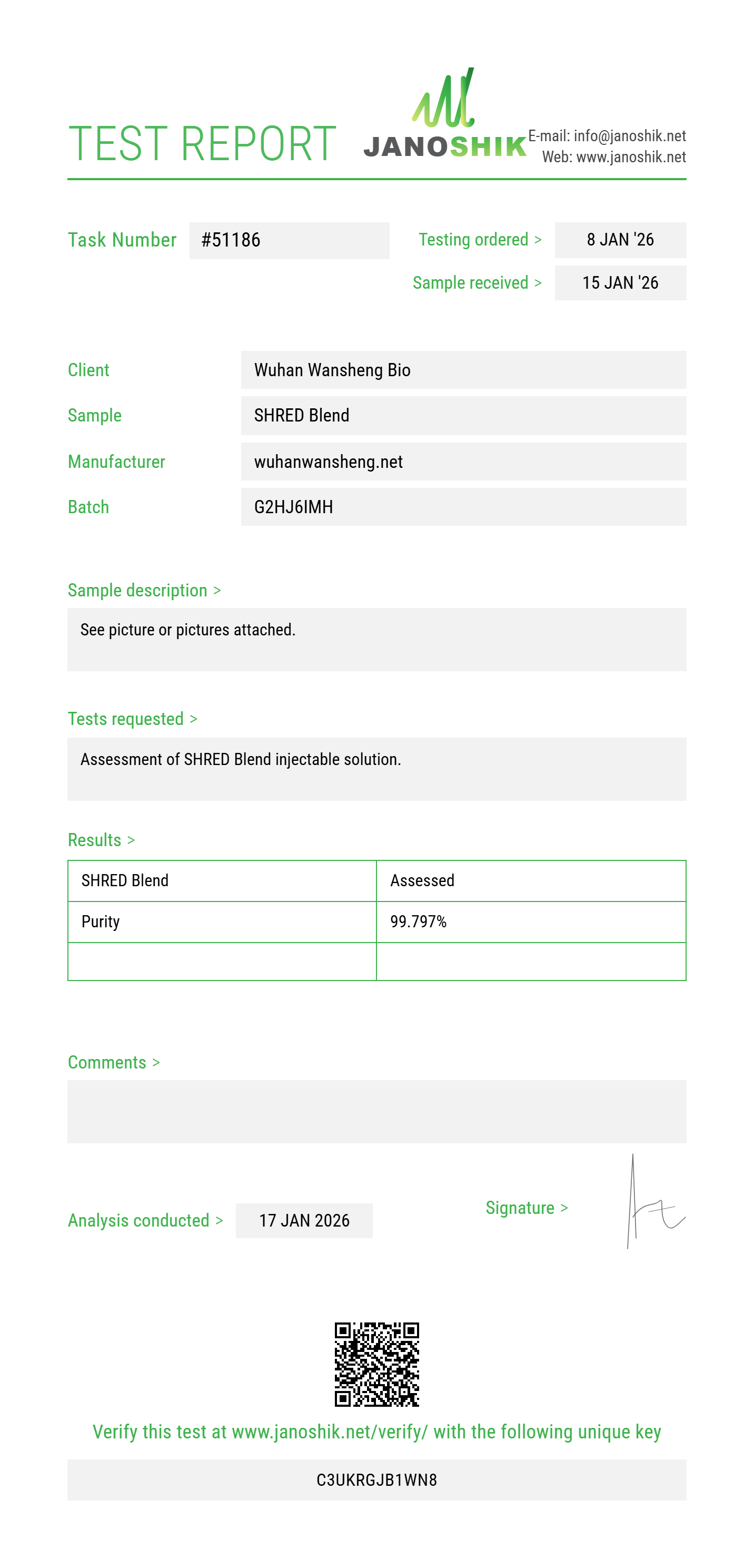 SHRED (L-Carnitine 200mg+B12+B6+Inositol+Methionine+Choline) Purity (HPLC) report by Janoshik Analytical