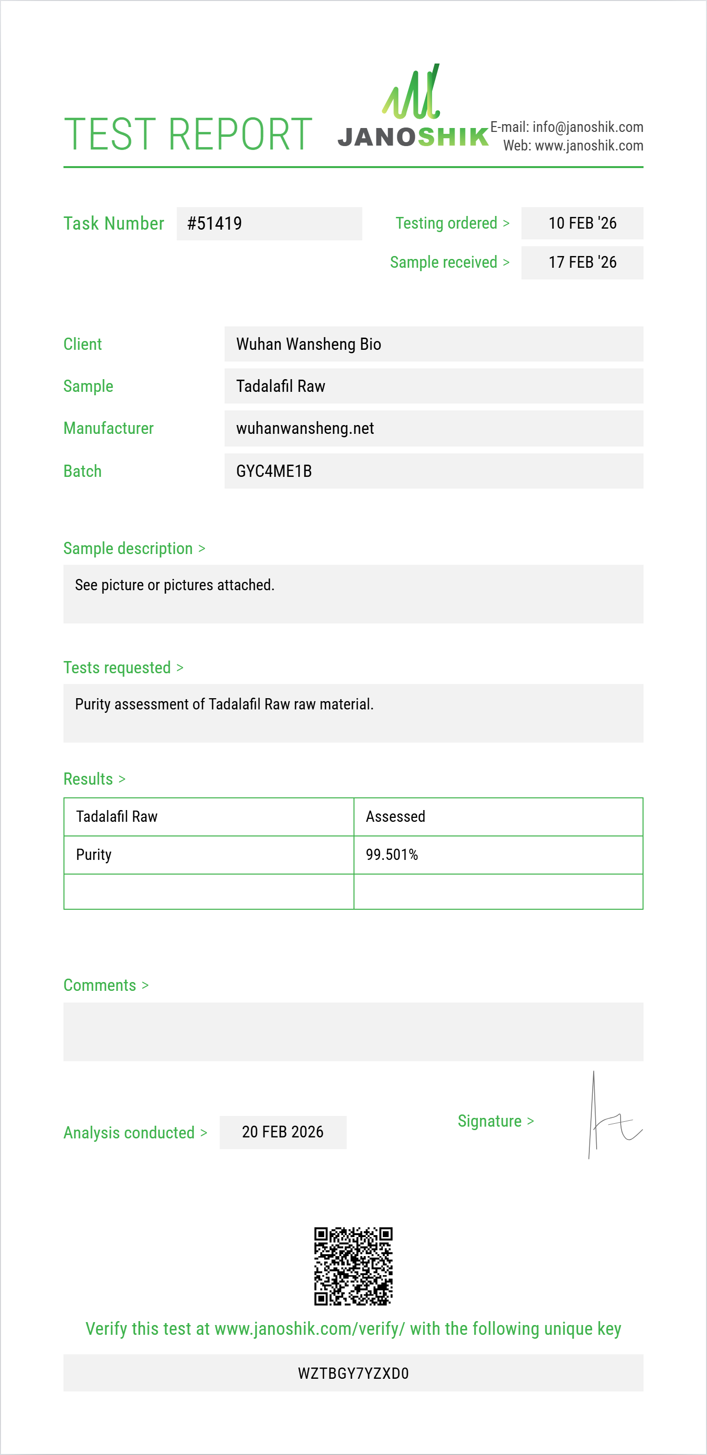 Tadalafil Raw Purity (HPLC) report by Janoshik Analytical