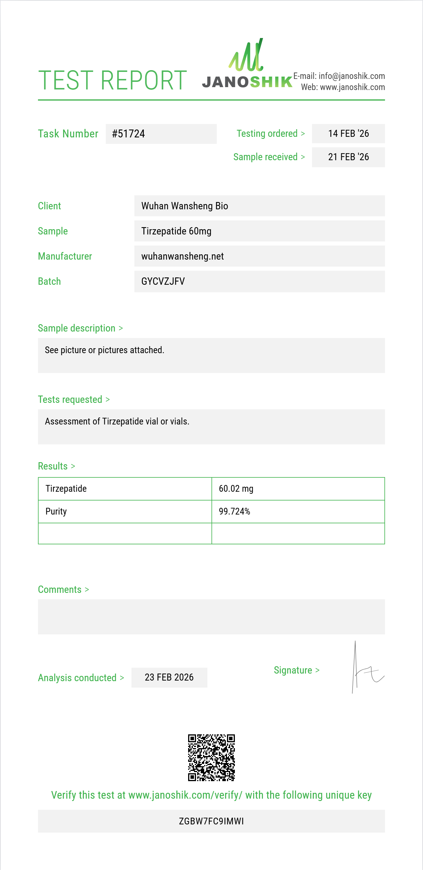 Tirzepatide Purity (HPLC) report by Janoshik Analytical