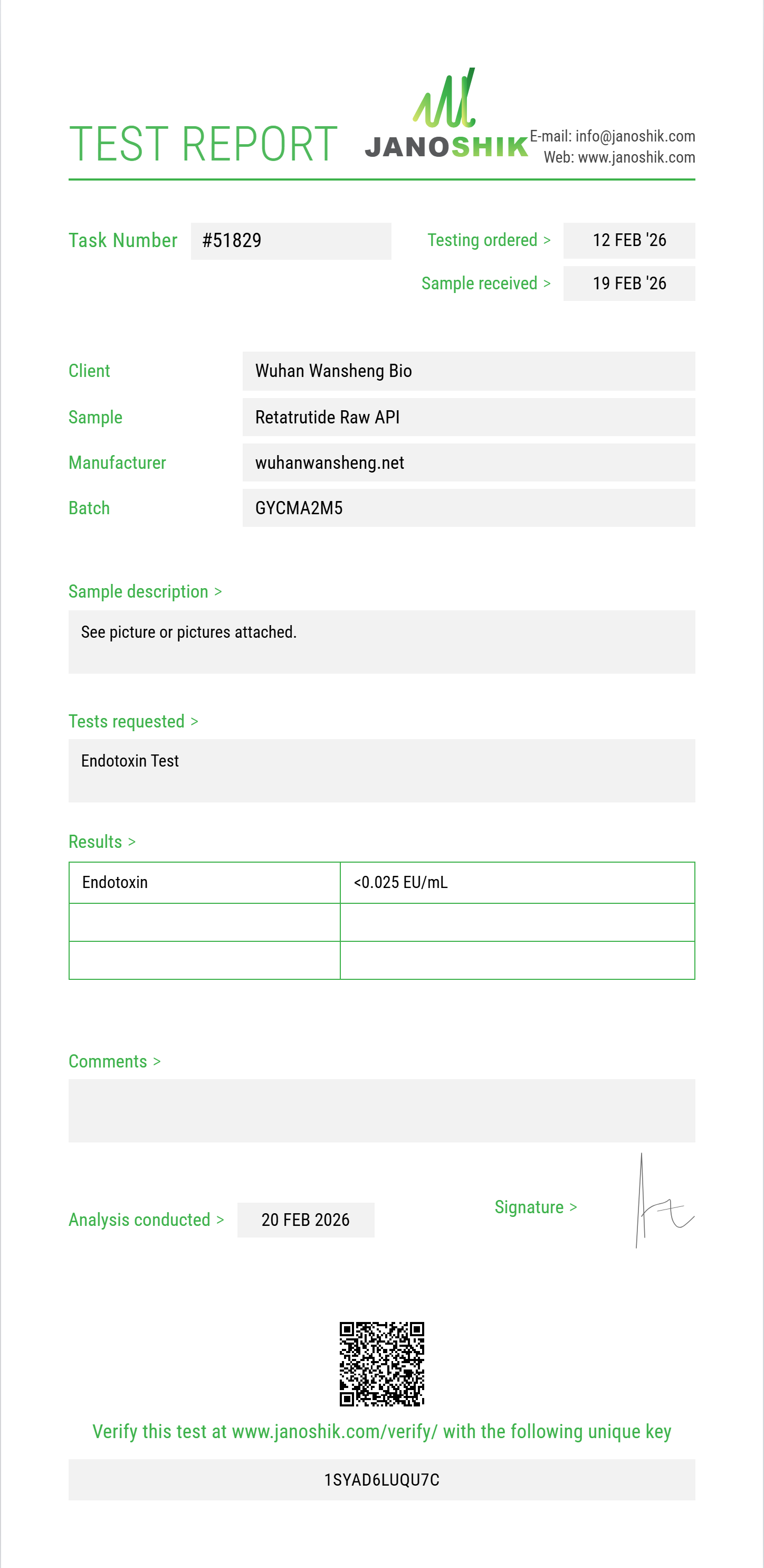 Retatrutide Raw API Endotoxin report by Janoshik Analytical