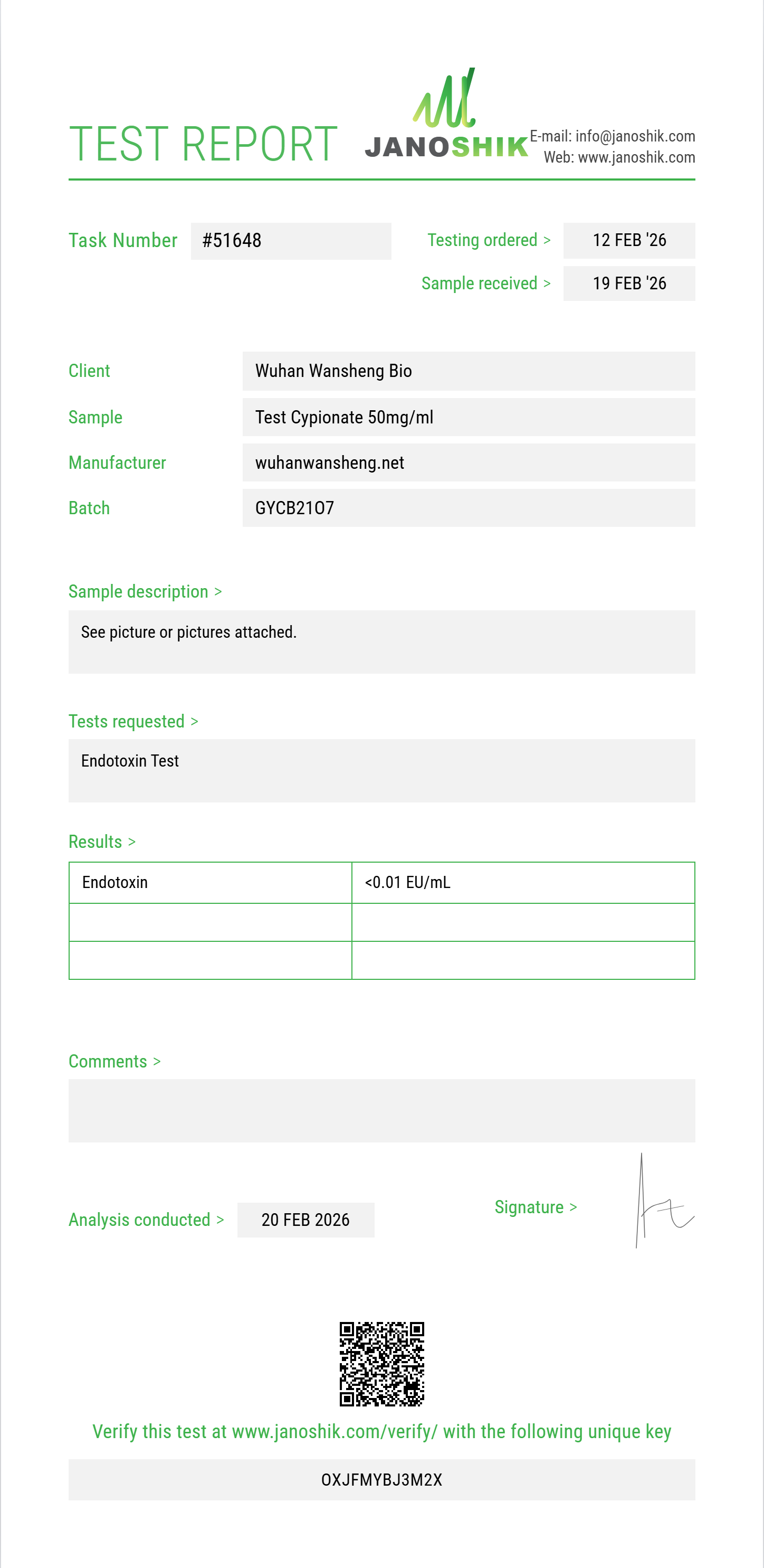 Test Cypionate Endotoxin report by Janoshik Analytical