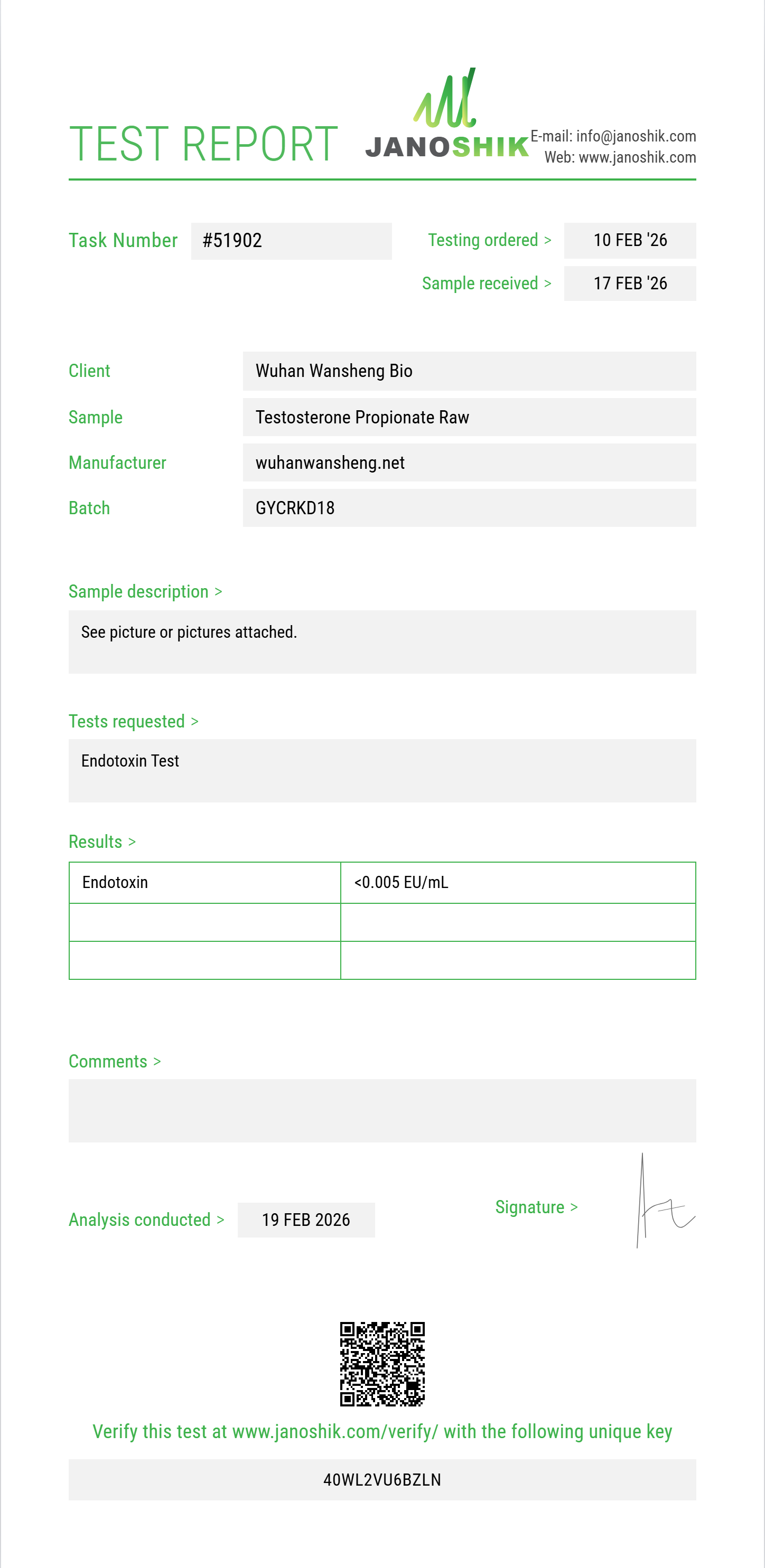 Testosterone Propionate Raw Endotoxin report by Janoshik Analytical