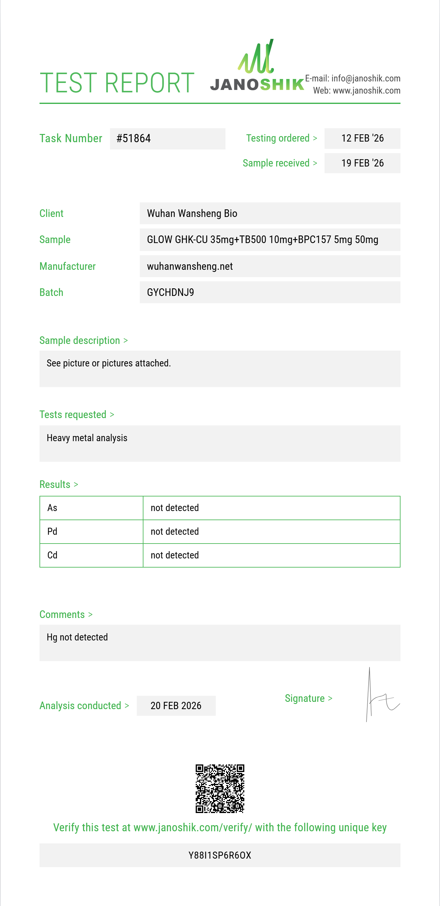 GLOW GHK-CU 35mg+TB500 10mg+BPC157 5mg Heavy Metals report by Janoshik Analytical