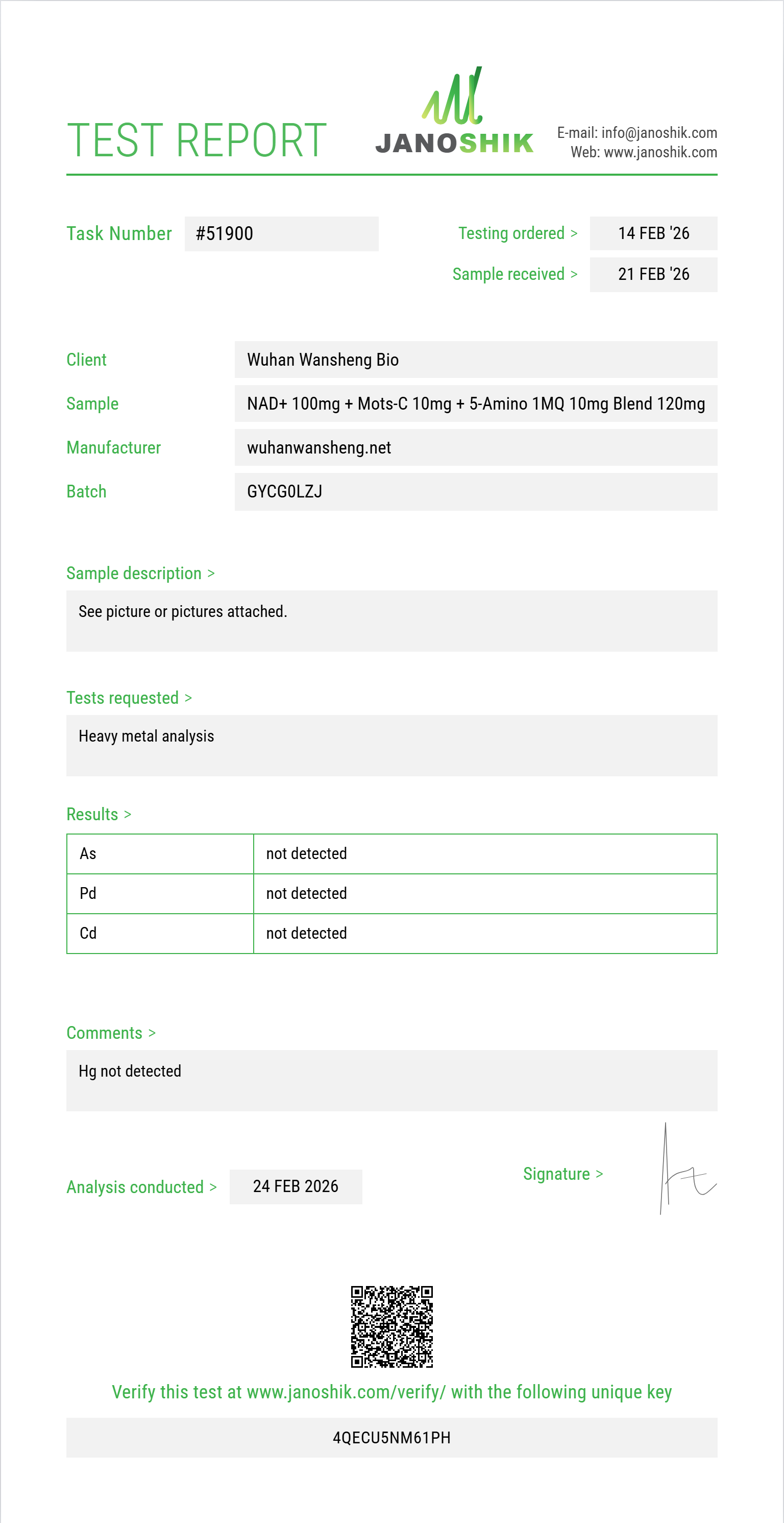 NAD+ 100mg + Mots-C 10mg + 5-Amino 1MQ 10mg Blend Heavy Metals report by Janoshik Analytical