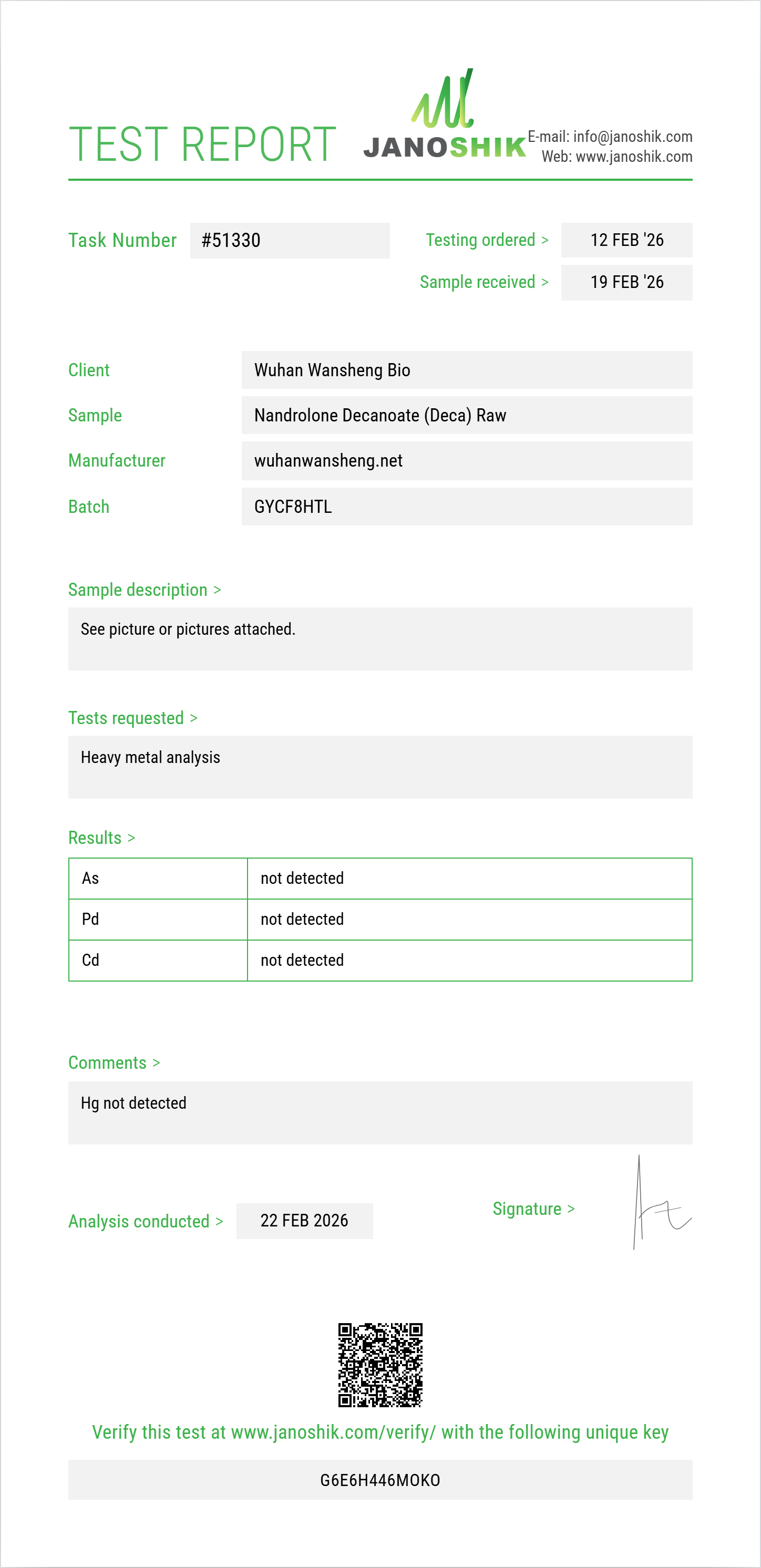 Nandrolone Decanoate (Deca) Raw Heavy Metals report by Janoshik Analytical
