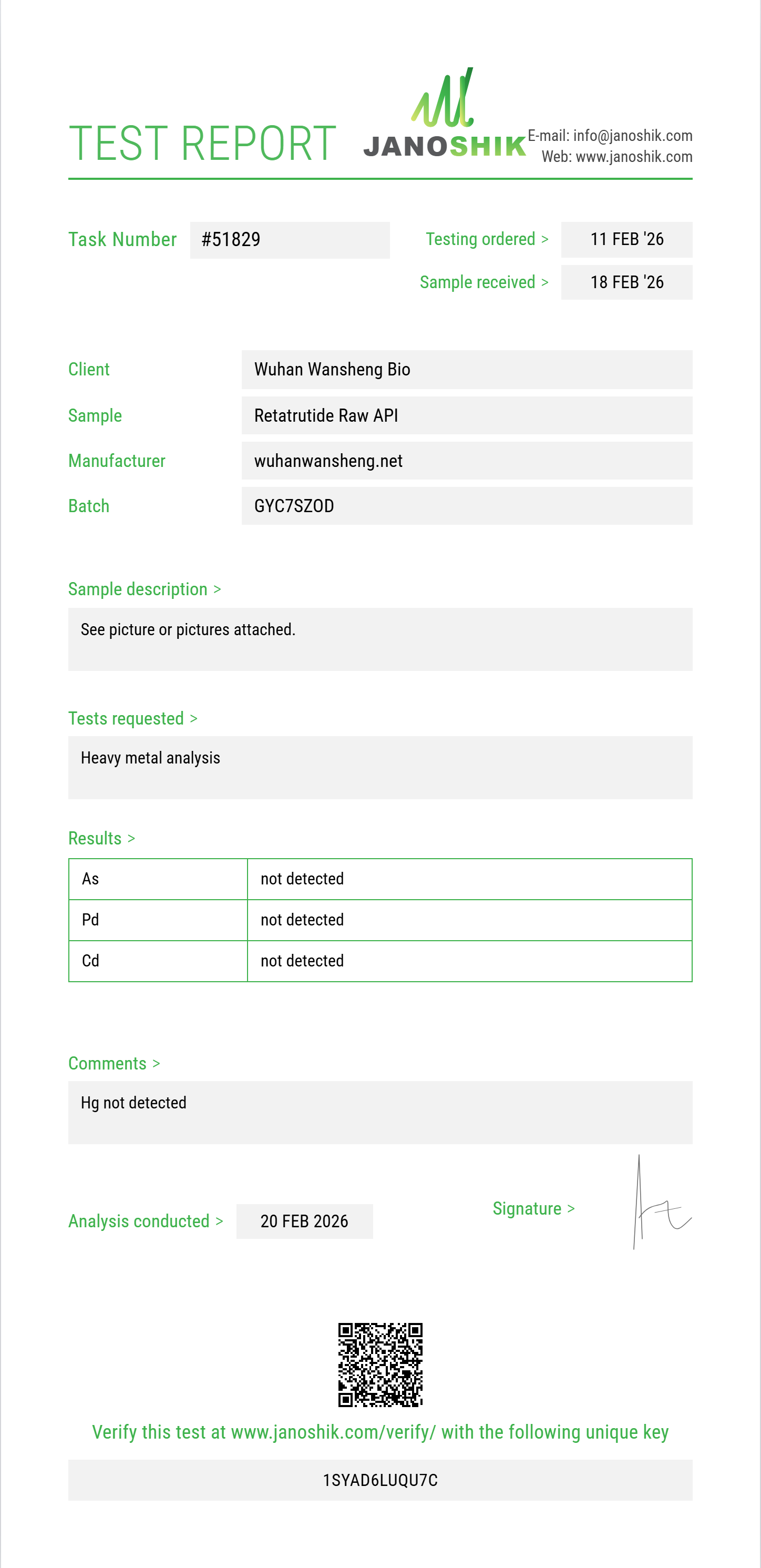 Retatrutide Raw API Heavy Metals report by Janoshik Analytical