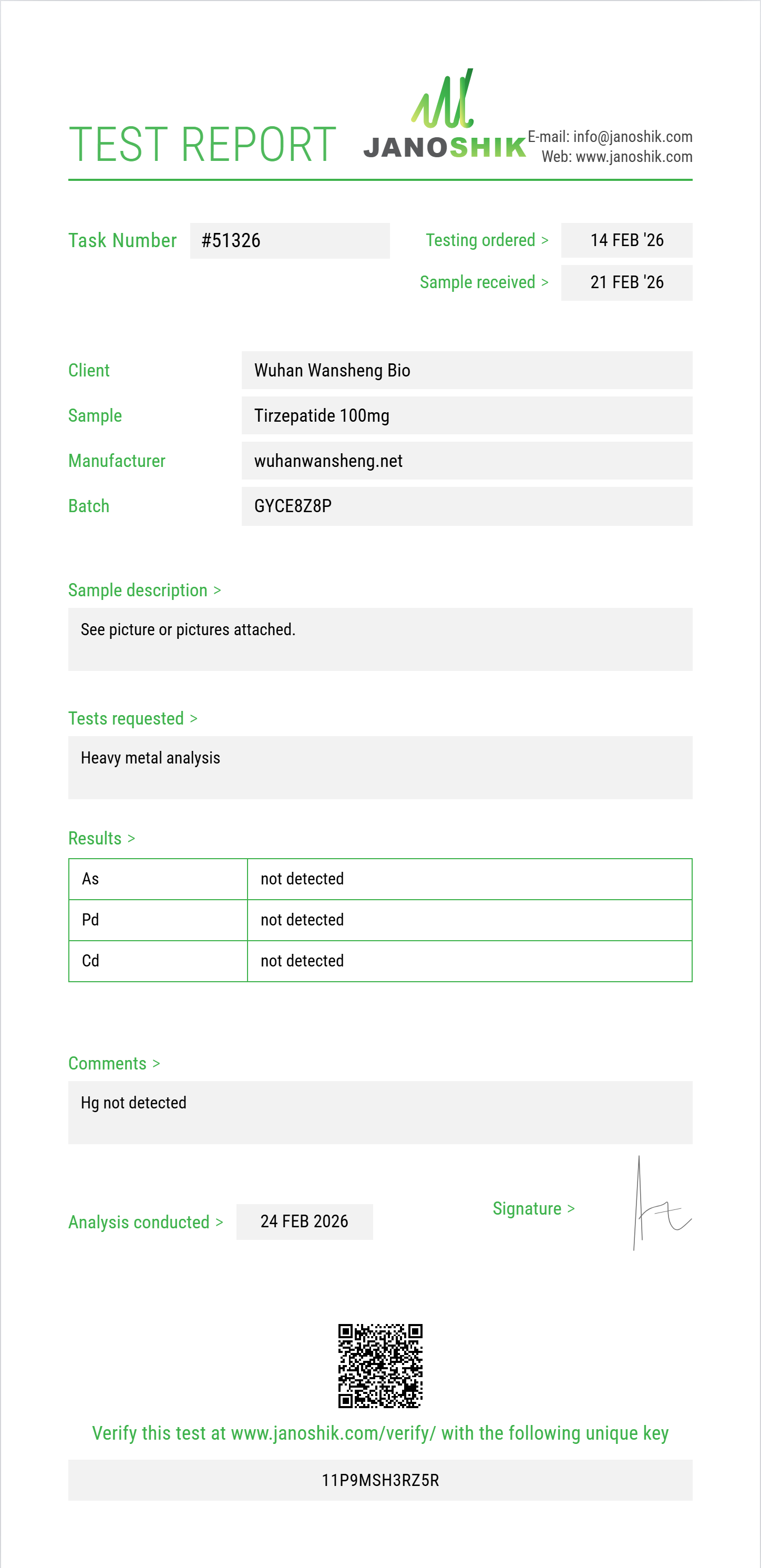 Tirzepatide Heavy Metals report by Janoshik Analytical