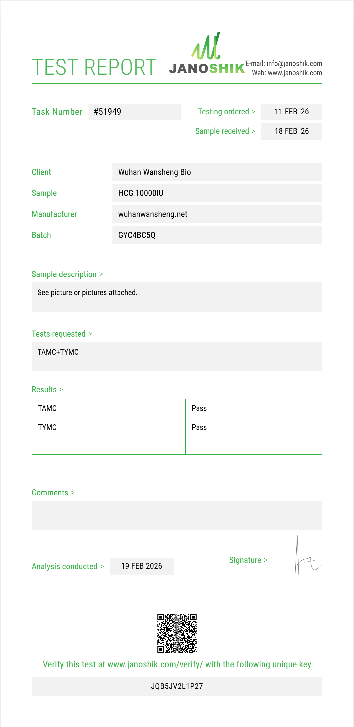 HCG Sterility report by Janoshik Analytical
