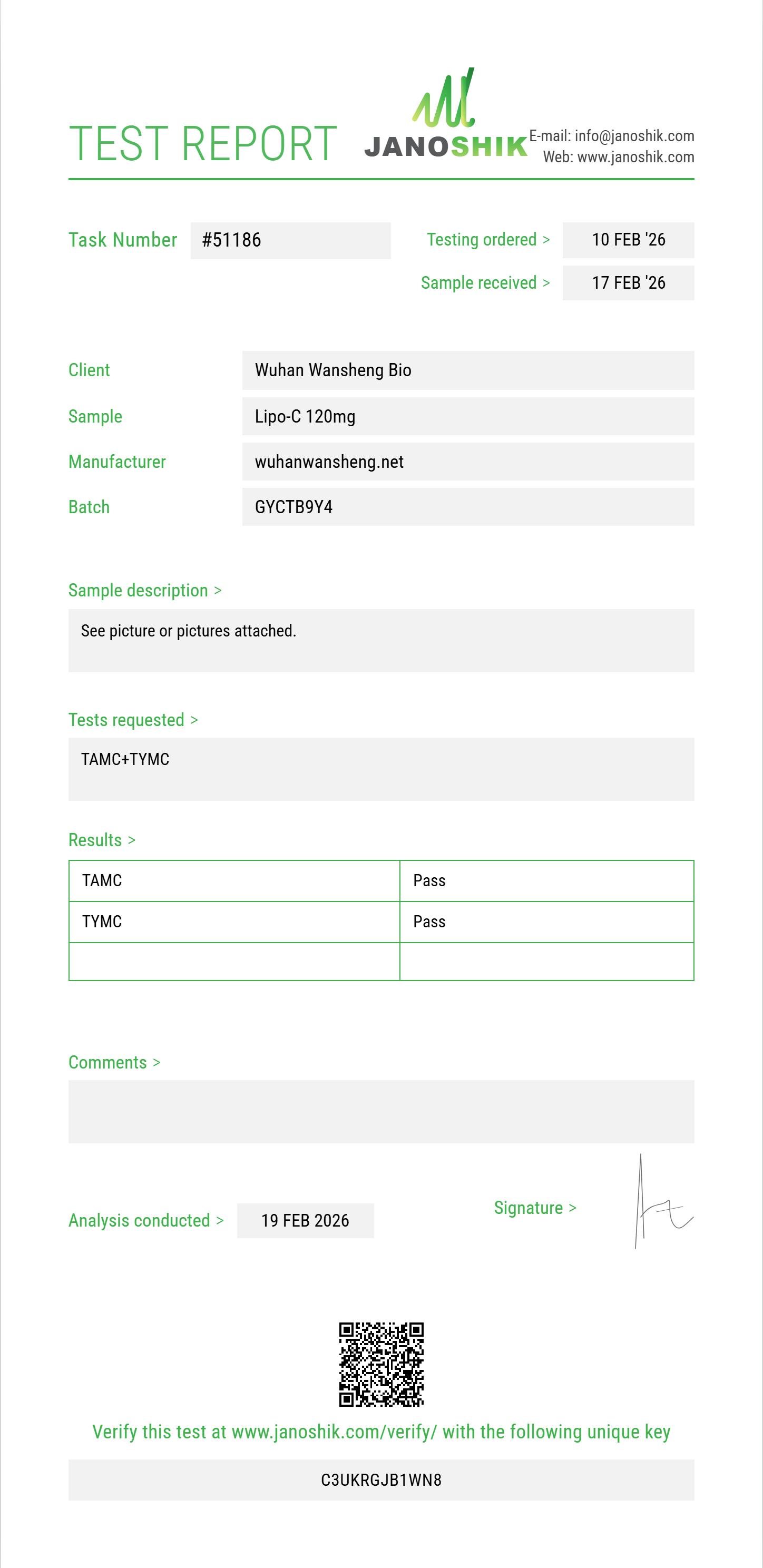 Lipo-C 120mg Sterility report by Janoshik Analytical