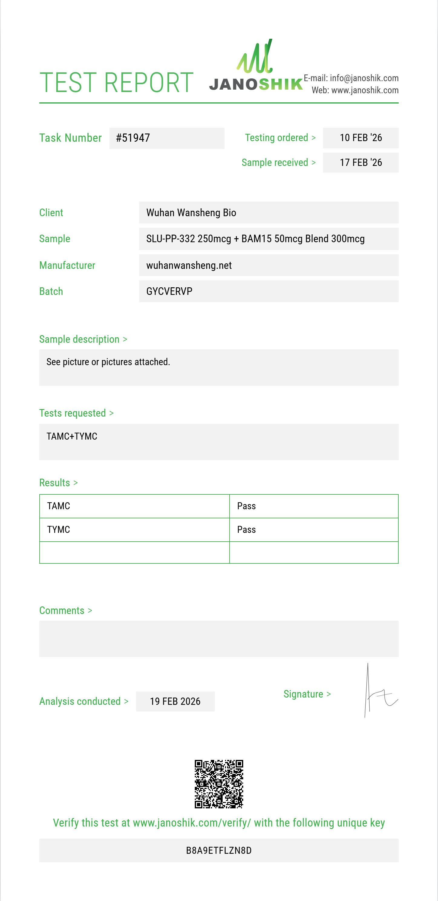 SLU-PP-332 250mcg + BAM15 50mcg Blend Sterility report by Janoshik Analytical